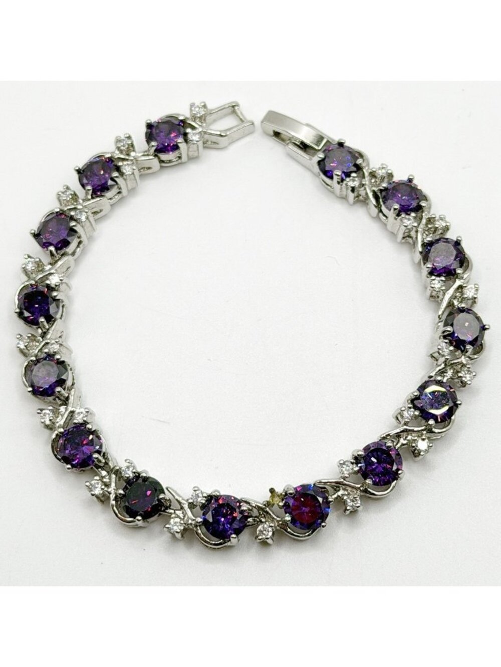 Purple Crystal Tennis Bracelet CZ Link Bracelet Silvertone 7”